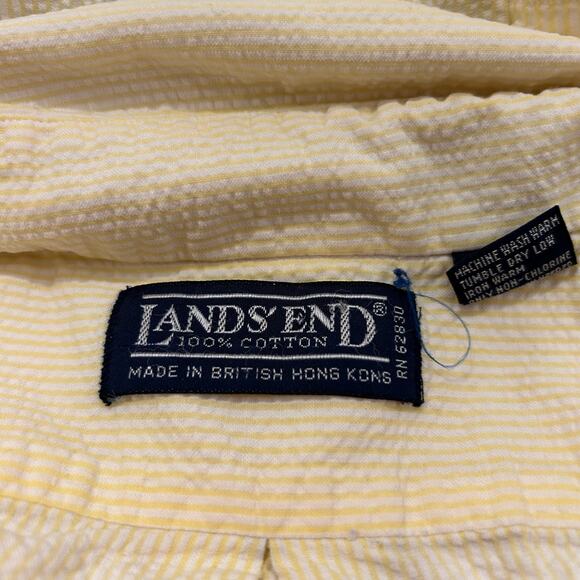 Vtg Lands End Seersucker Shirt Mens Large Yellow White Stripes Preppy Coastal - Picture 2 of 5
